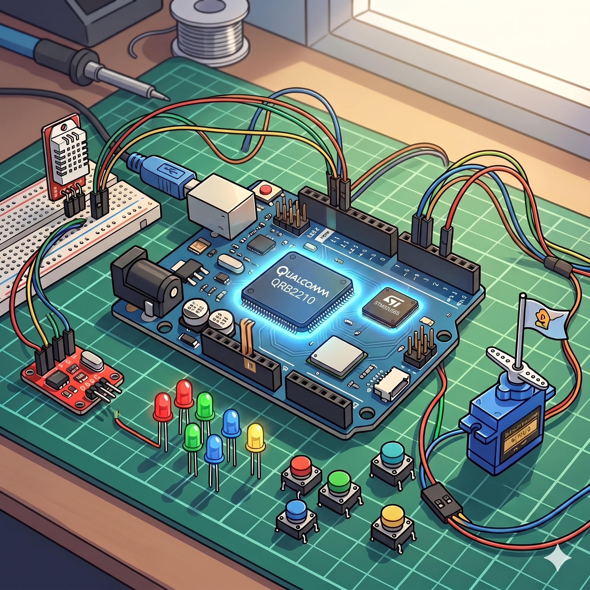 *Cover image prompt (Nano Banana: Here is the shortened, single-paragraph prompt to reproduce the image: A clean, colorful vector-style digital illustration of an electronics development board on a green cutting mat. In the exact center of the blue board is a large, prominent Qualcomm QRB2210 processor chip glowing with a bright cyan light, while a smaller STM32U585 chip sits to its right. The board is connected via colorful jumper wires to a variety of components scattered around it, including a servo motor, a small breadboard with a sensor, a row of vertical LEDs, and tactile push-buttons. The scene features crisp line art, smooth gradients, and a textbook-illustration style, softly lit by an overhead light source.*