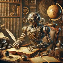 Engraving of Jules Verne as a robot